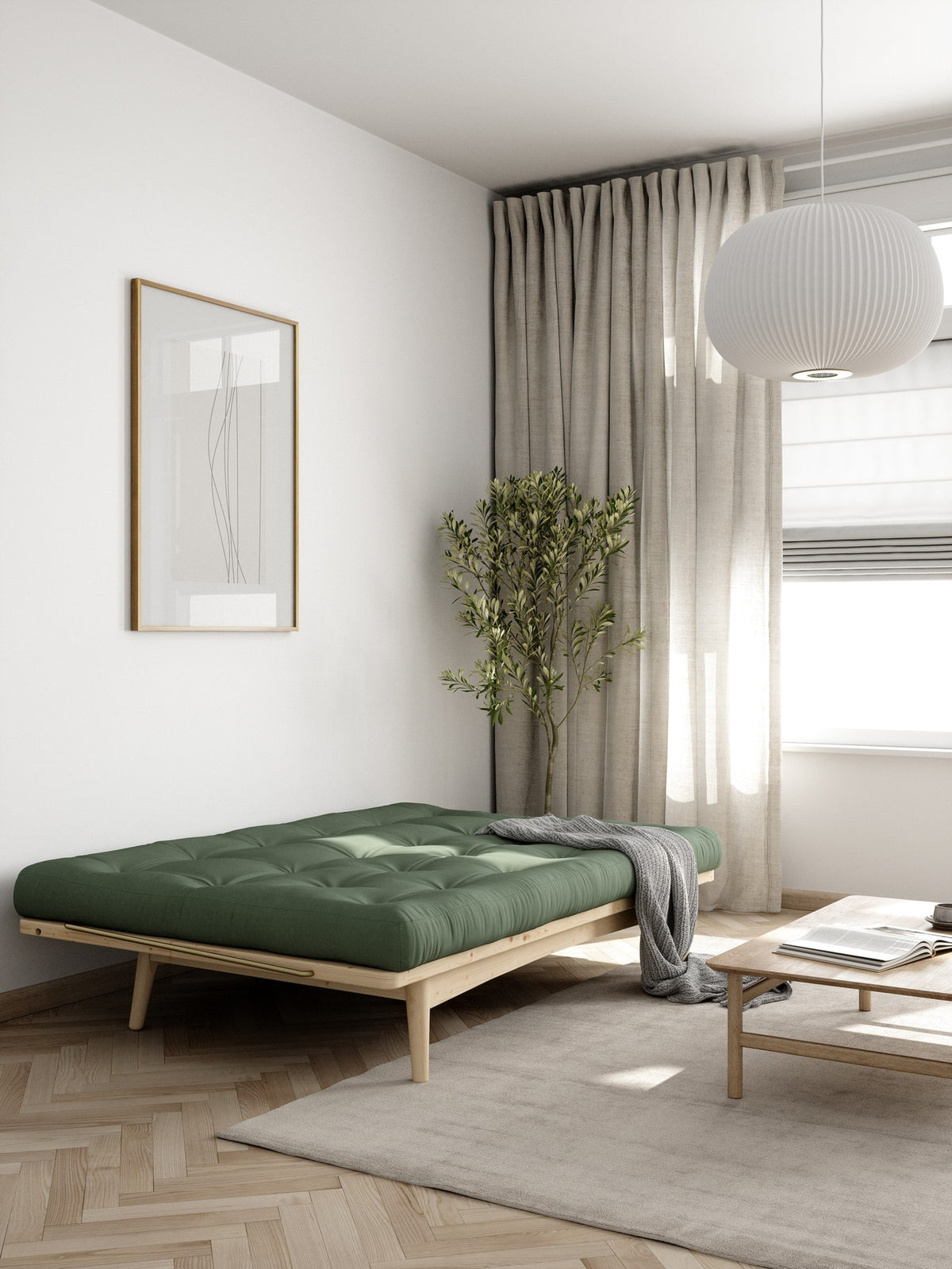 FOLK CLEAR LACQUERED W. 5-LAYER MIXED MATTRESS OLIVE GREEN