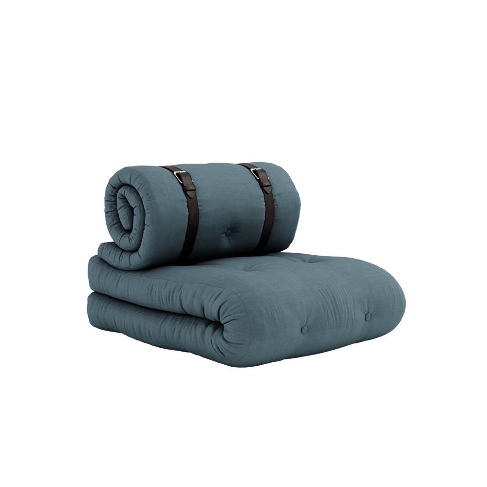 SIEGE À BOUCLE BLEU PETROL AVEC 2 SANGLES EN CUIR MARRON
