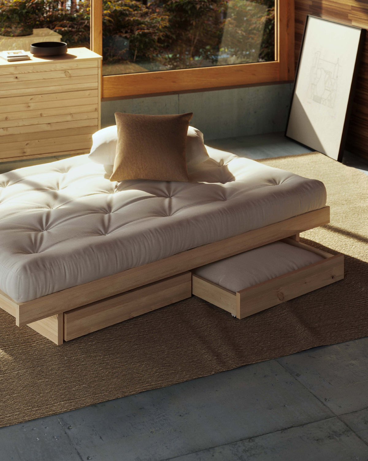 KANSO BED RAW QUEEN SIZE W. 4 PCS BED ROLLERS RAW