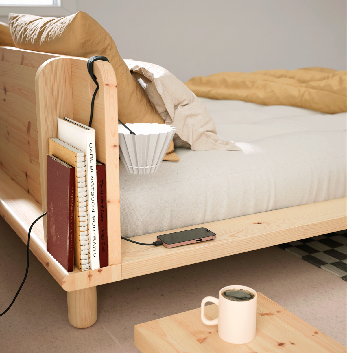 PEEK BED CLEAR LACQUERED 140 X 200 W. 2 BED LAMPS