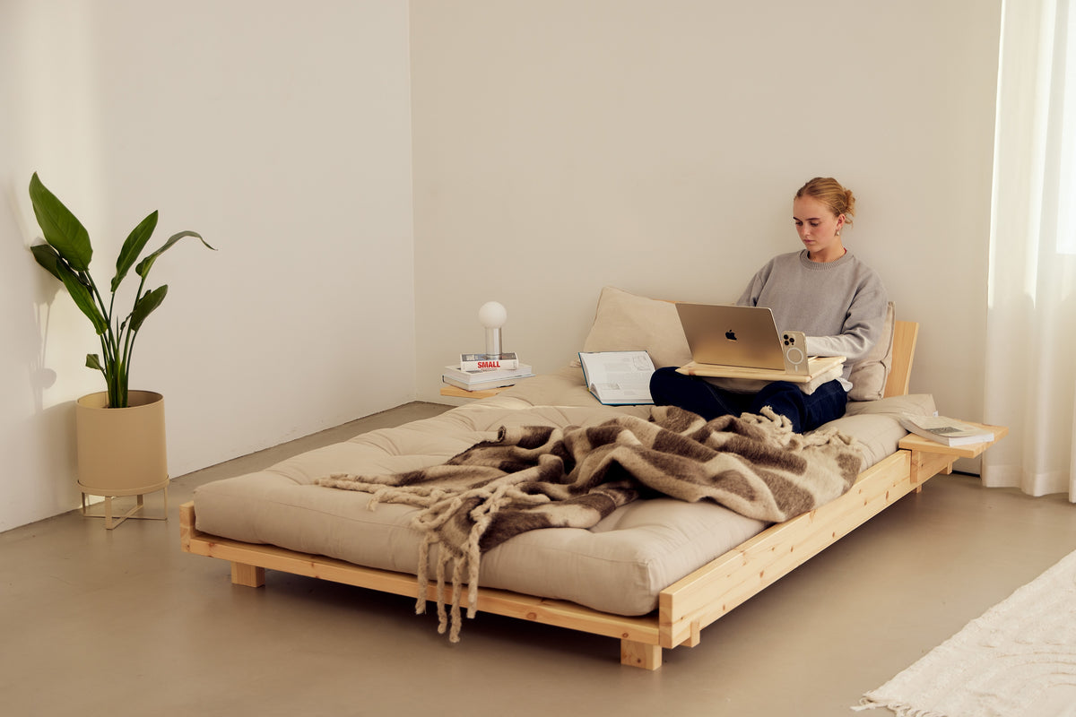 SOCIAL SOFA BED CLEAR LAC 140 X 200 W. 2 PCS BACK RESTS AND 2 PCS SIDE TABLES W. FRESH MATTRESS BEIGE