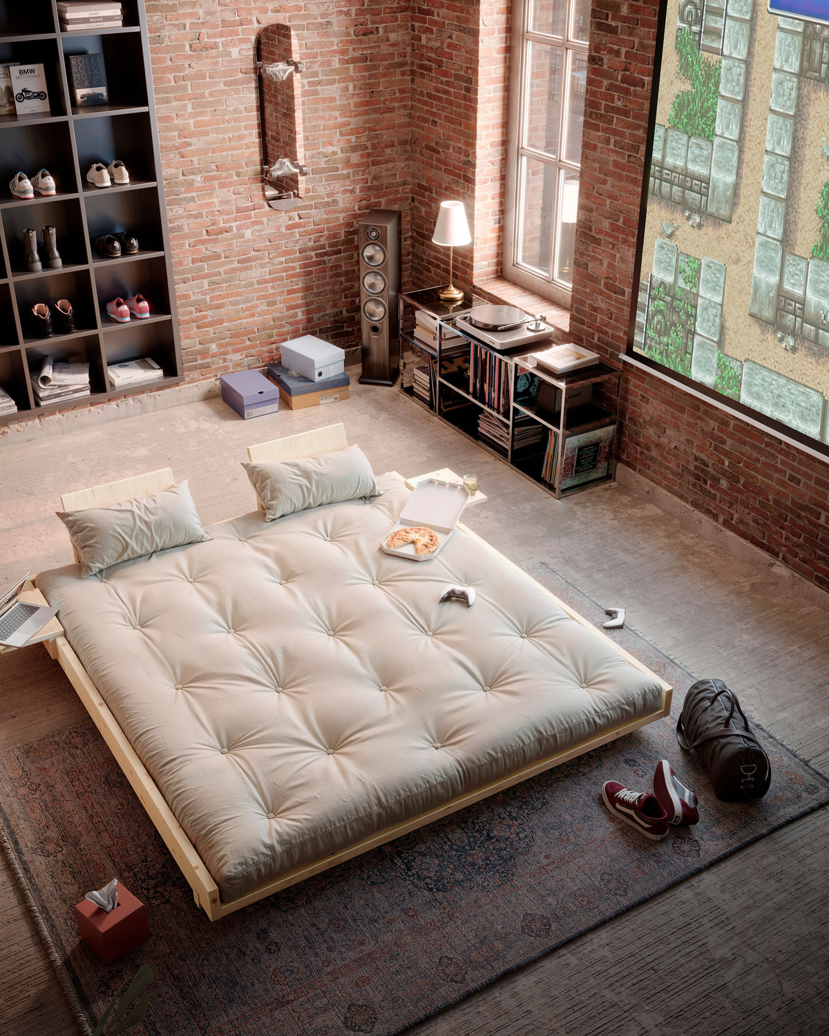 CANAPÉ-LIT SOCIAL LAQUÉ TRANSPARENT 140 X 200 AVEC 4 DOSSIERS ET 2 TABLES D'APPOINT LATERALES AVEC MATELAS FRAIS BEIGE